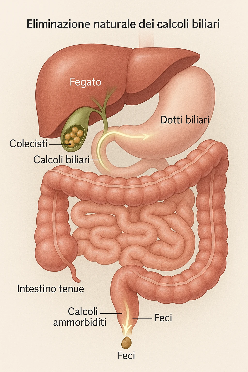 A realistic, educational medical illustration showing the human digestive tract focusing on the liver, gallbladder, bile ducts, and intestines. The gallbladder is depicted with small gallstones inside. A soft glowing arrow indicates the flow of bile and small stones moving naturally from the gallbladder through the bile ducts into the intestines. In the colon, small softened gallstones are shown being prepared for elimination, symbolizing their removal through bowel movements. The style is clean, precise, and clear with soft anatomical colors (greens, soft reds, and yellows) and faint glowing arrows to illustrate the process. The background is a subtle neutral gradient to keep the focus on the organs and the pathway. The image conveys the concept of natural gallstone elimination through the intestines via the stool in a clear, non-graphic, and educational way in italiano emoji