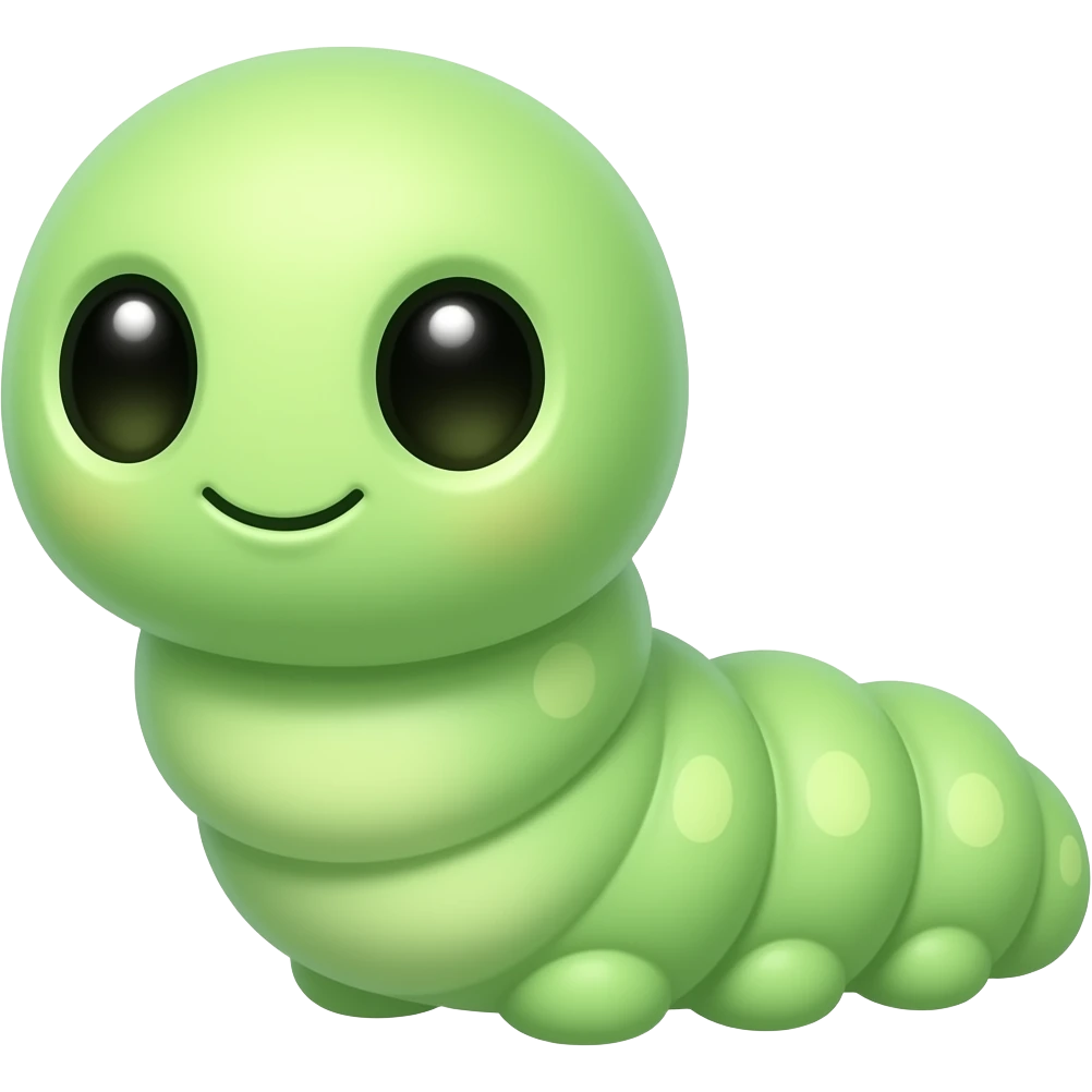 Super cute pastel green inchworm with round puffy body segments, large glossy eyes, tiny smile, soft and chubby look, kawaii style, white background, highly detailed, adorable emoji