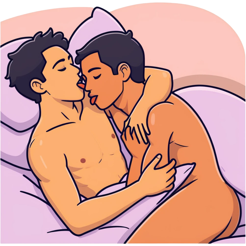 (((White adult male dark hair))) ,(((Dark skin  adult male))), naked, ((( sexual touching genitals))) , intercourse,spooning, kissing eyes closed tongue open mouth ,penis view, erotic rubbing body, sucking  emoji