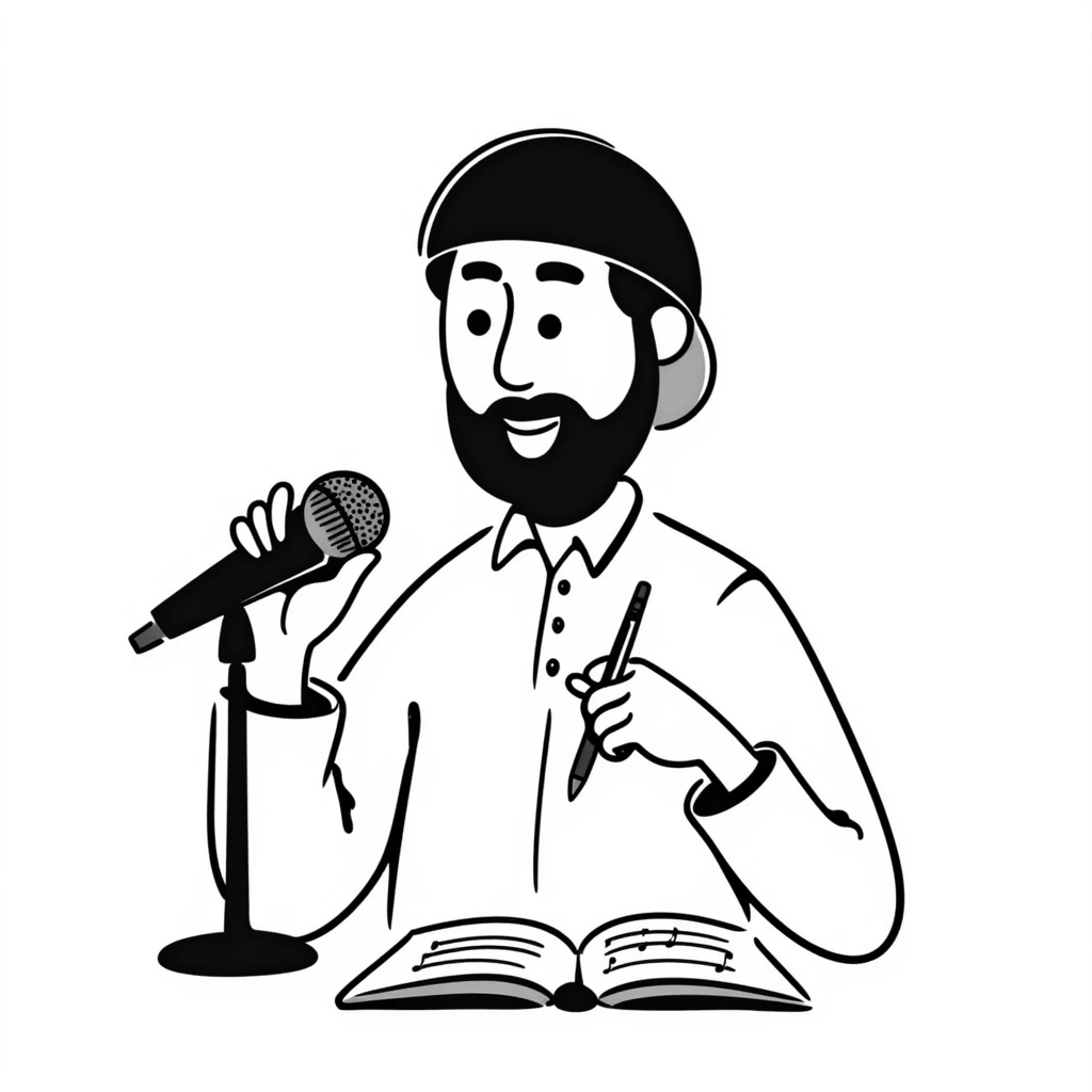 bearded songwriter in his 30s with backwards cap, enthusiastic smile, gripping microphone with one hand and pencil with other emoji