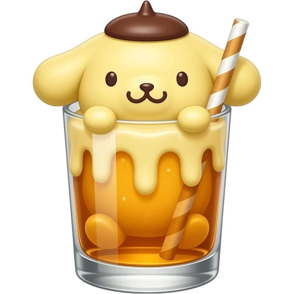 pompompurin the sanrio character themed yellow and brown and pudding colored cocktail with actual illustration of pompompurin as a garnish with pudding swizzle stick aside emoji