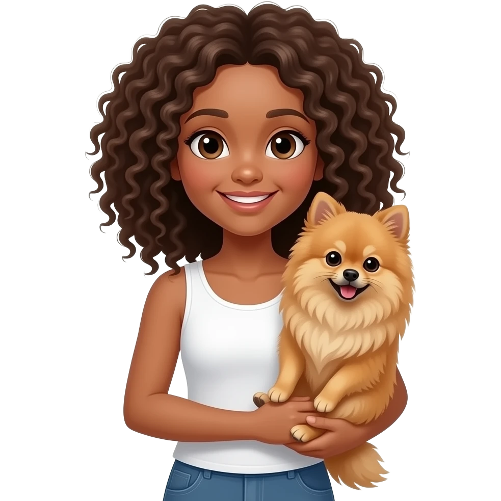 A girl with curly hair wearing a white top holding a brown Spitz dog the girl's eyes emoji