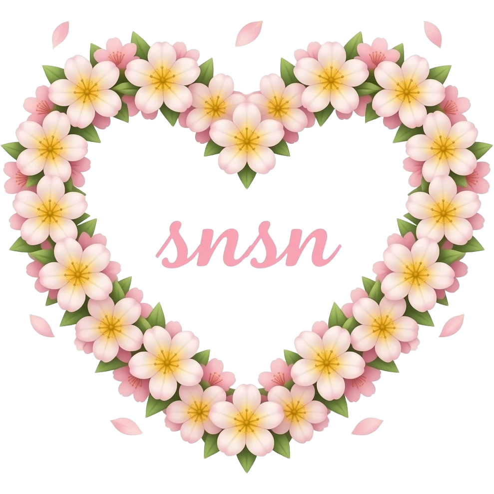 A Floral Heart formed from a ring of tiny glowing lilies and soft pink text 'snsn' cherry blossoms. emoji