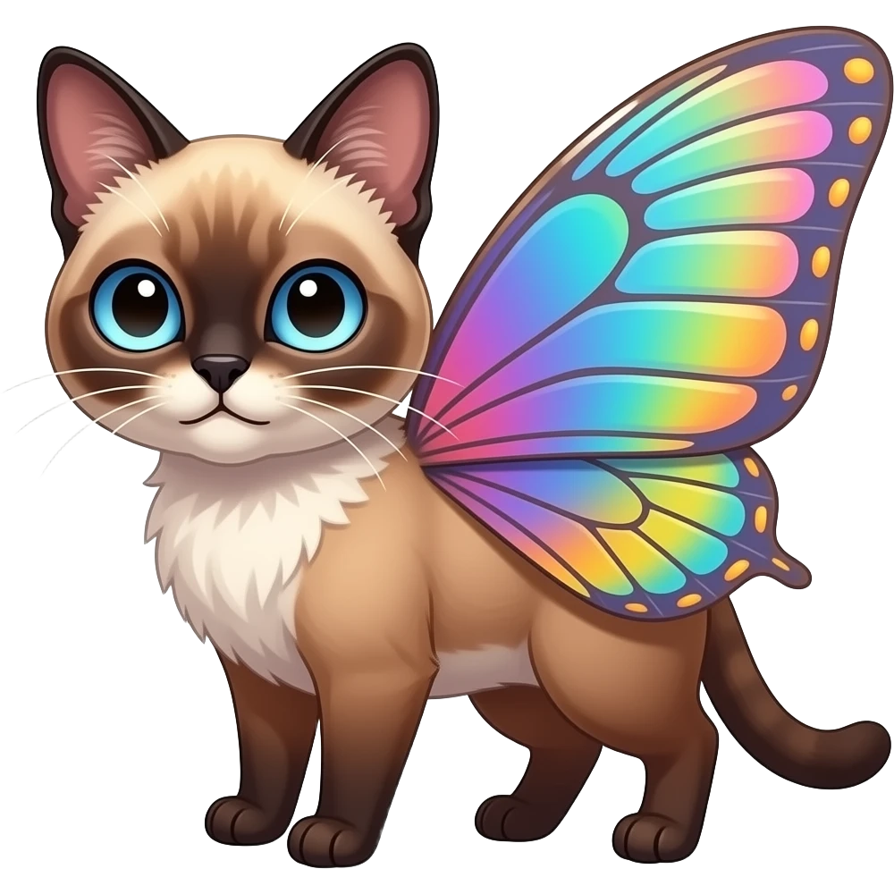 Colorful exotic iridescent tropical shiny Fantasy-Siamese-Bobcat-Caracal-Moth-Scottish-Fold-feline-Fakémon-feline-hybrid (full body) emoji