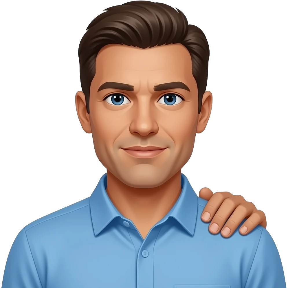 coach in a blue shirt touching shoulder with finger tips emoji