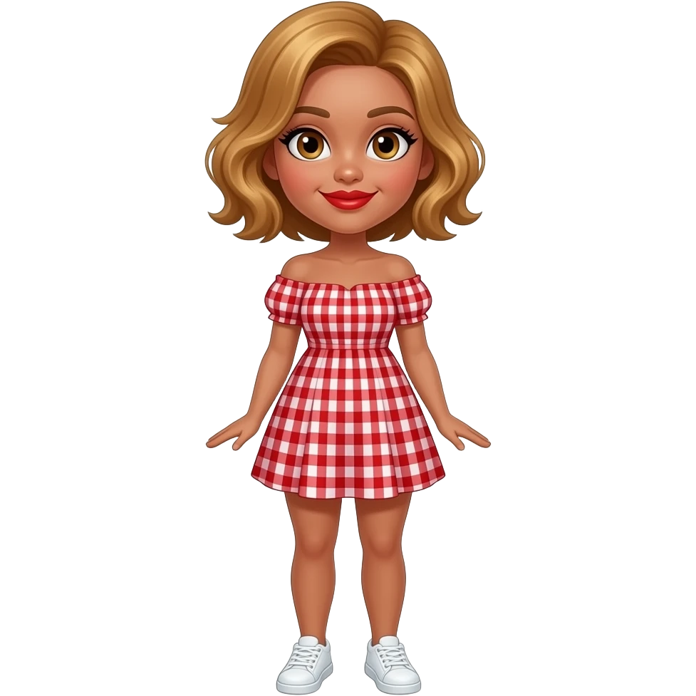 glamours,-tanned,-very-beautiful-girl,-with-big-plump-red-lips,-long-long-lashes,-honey-silky-very short- hair,-wavy-hair,-hazel-eyes- wearing- red-gingham-frill - dress- white-sneakers-shrugging-full-body emoji