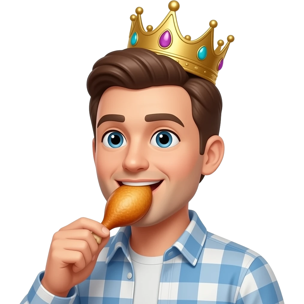Hombre comiendo comiendo pollo con una corona de princesa emoji