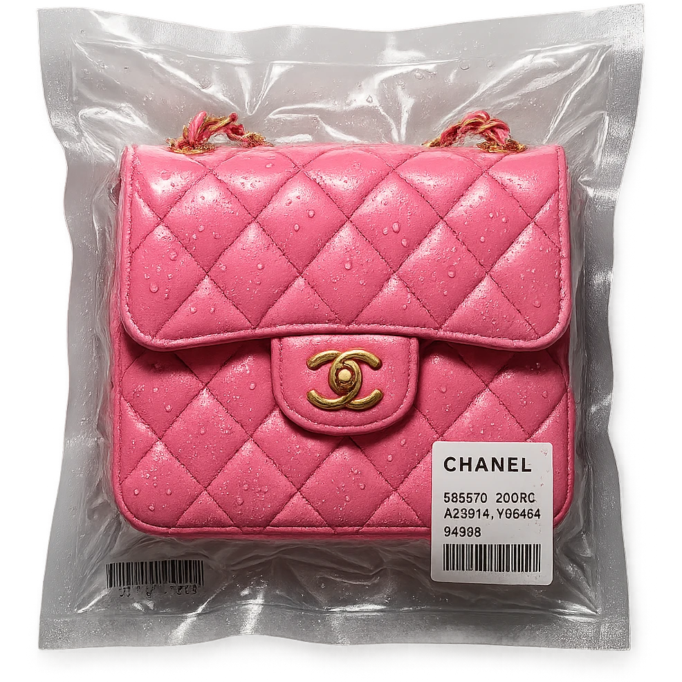 pink Chanel purse, vacuum sealed style, glossy and squished emoji