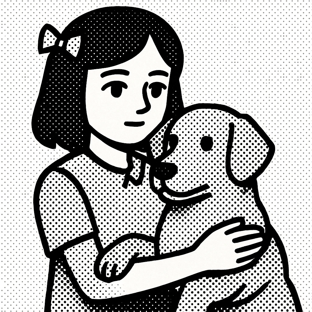A pale girl with brown shoulder-length hair tied with a ribbon hairclip, holding a dog emoji