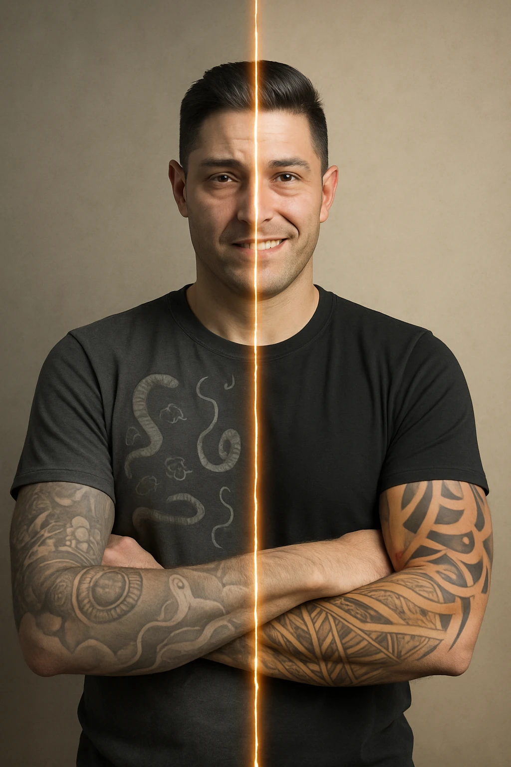 a man is depicted in two halves—on one side, he appears tired and weighed down, with faint, ghostly images of parasites visible inside his torso; on the other side, he is vibrant and healthy, with clear skin and bright eyes, the parasites gone. A visual transition or glowing line separates the two states, symbolizing recovery. emoji
