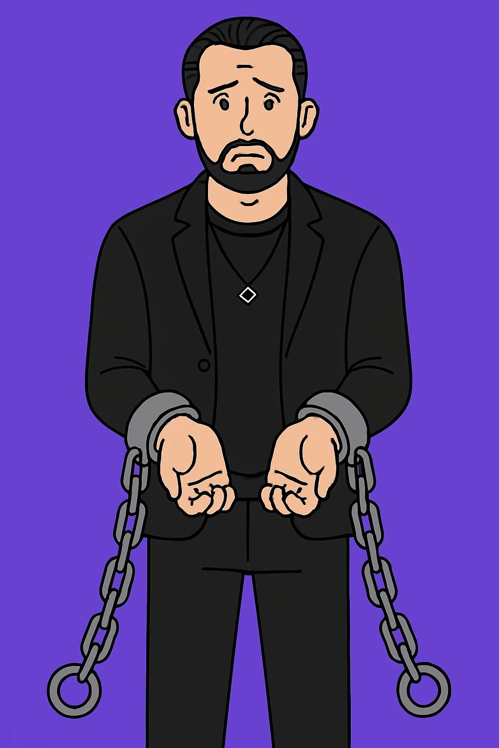 Используя такую стилистику как на картинках сгенерируй мужчину в одежде как на фото. Он стоит и расстроенно смотрит на зрителя, на его руках кандалы и цепи, которые тянут его вниз emoji