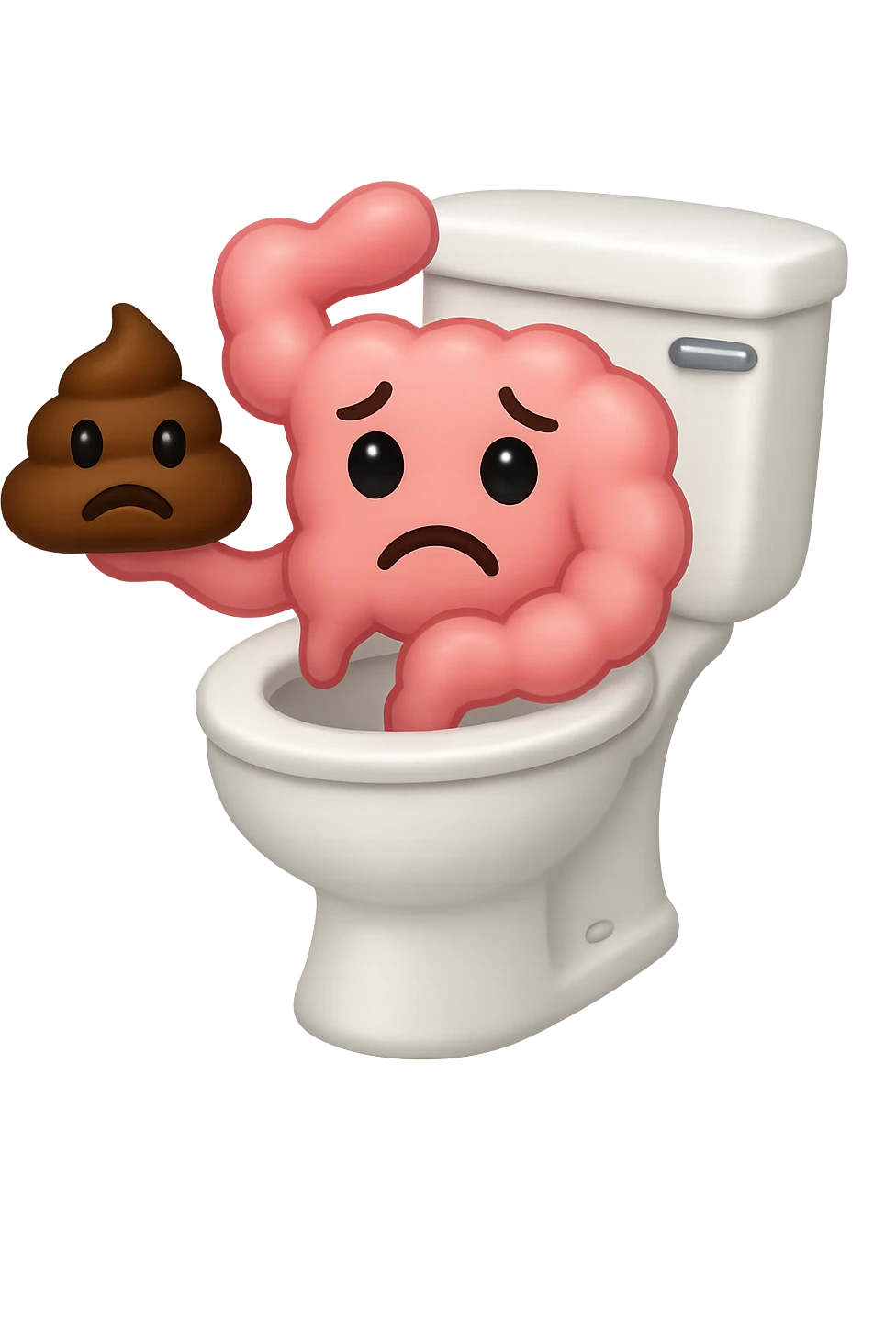 emoji stile iphone di un intestino che esce dal wc con in mano una montagnetta di feci con espressione triste a palline emoji