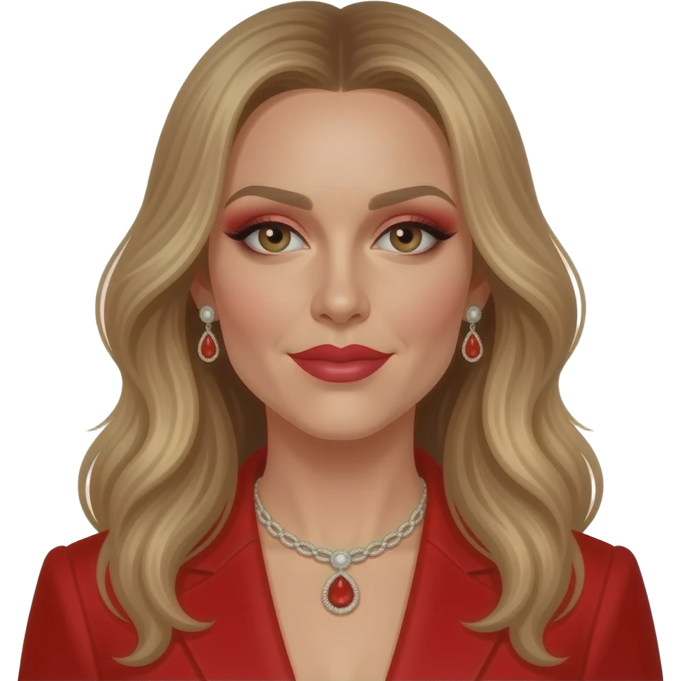 Celine Dion with brown eyes, long golden brown hair, red eyeshadow, hot pink lipstick, red pop idol outfit, necklace and earrings emoji