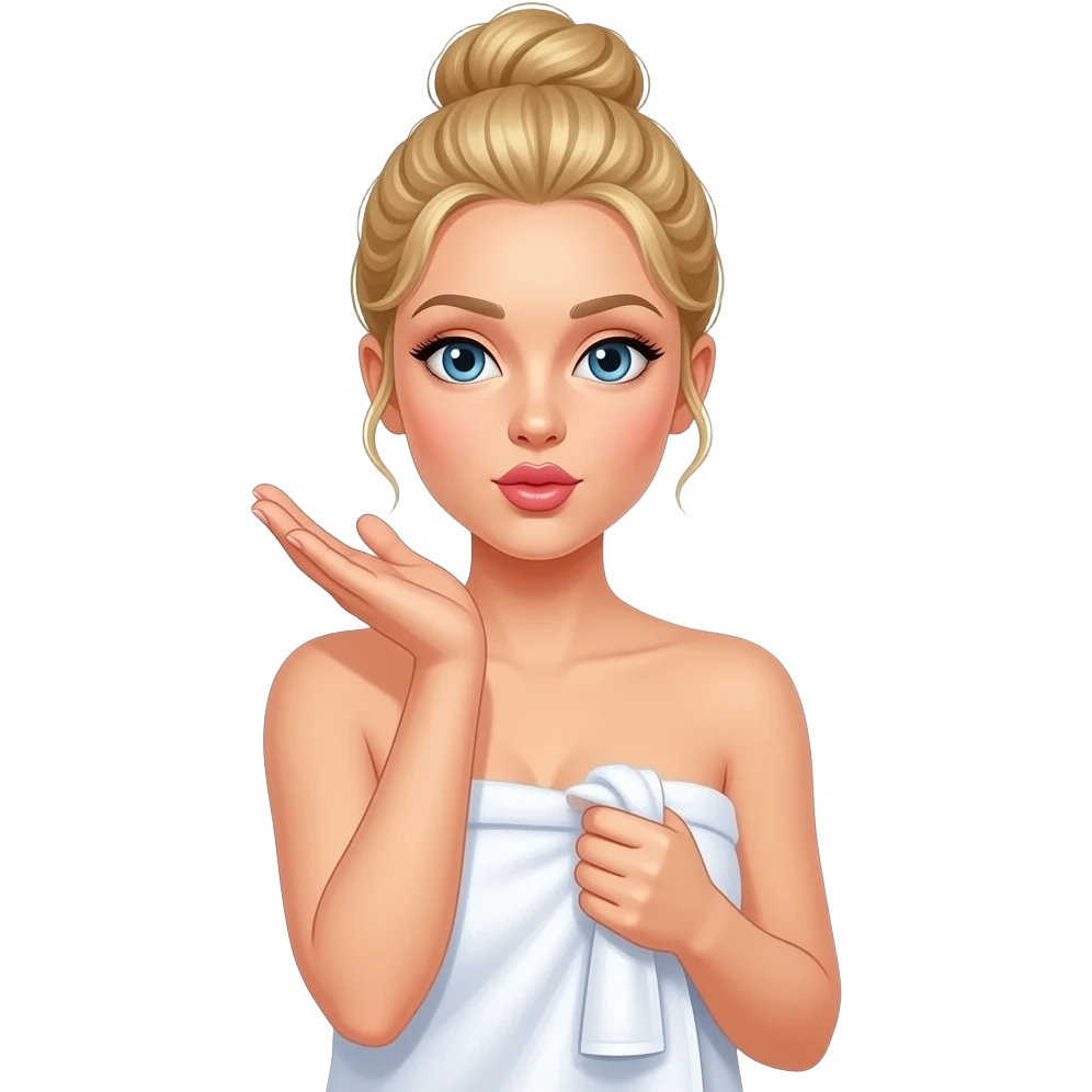 A blonde women wrapped in a towel. Her hair is twisted up in a bun. She is holding the towel up with one hand and blowing a kiss with another. emoji