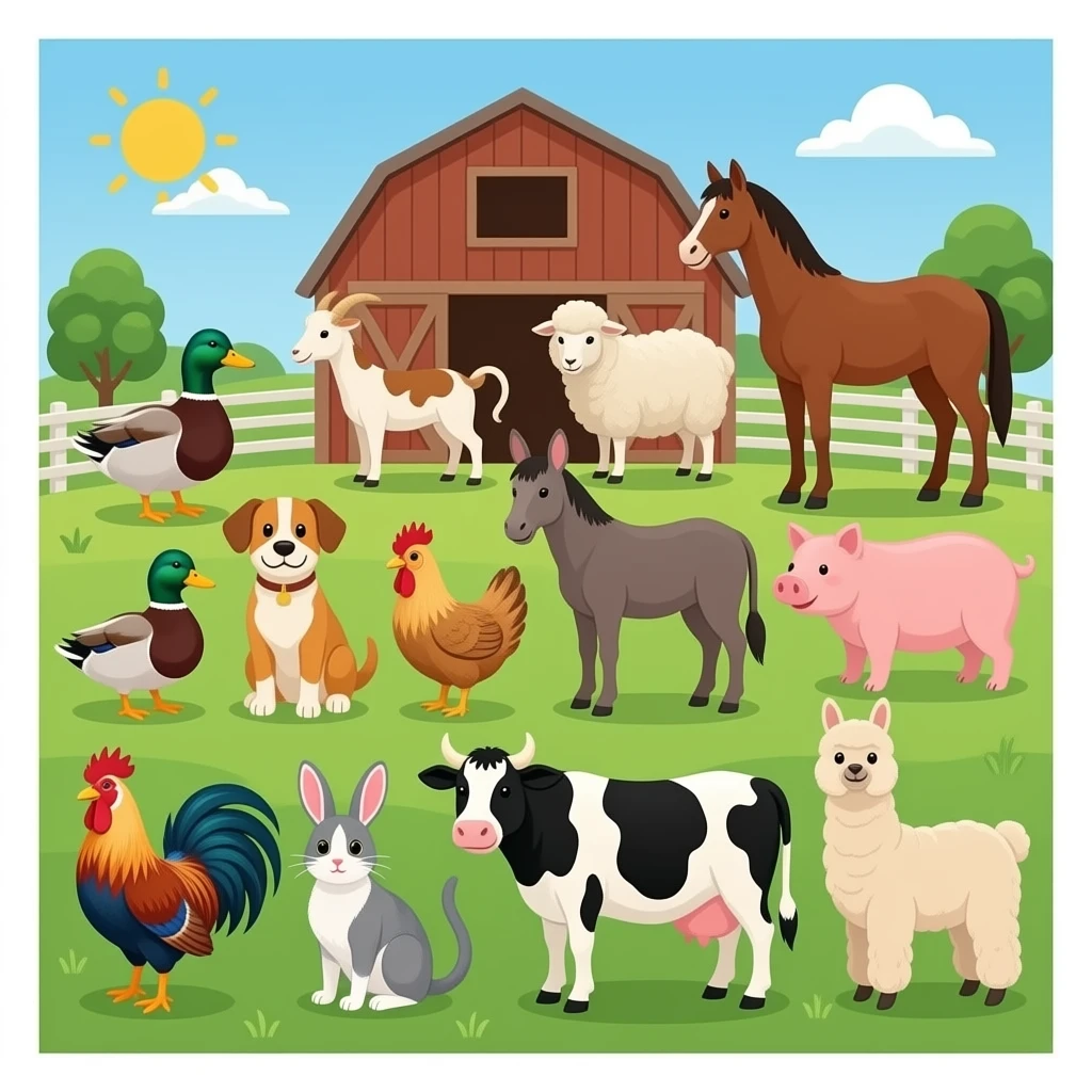 16 farm animals in a barn like have: Duck, mouse, dog, horse, sheep, chicken, donkey, pig, goat, cat, owl, rooster, rabbit, Turkey, cow, and llama emoji