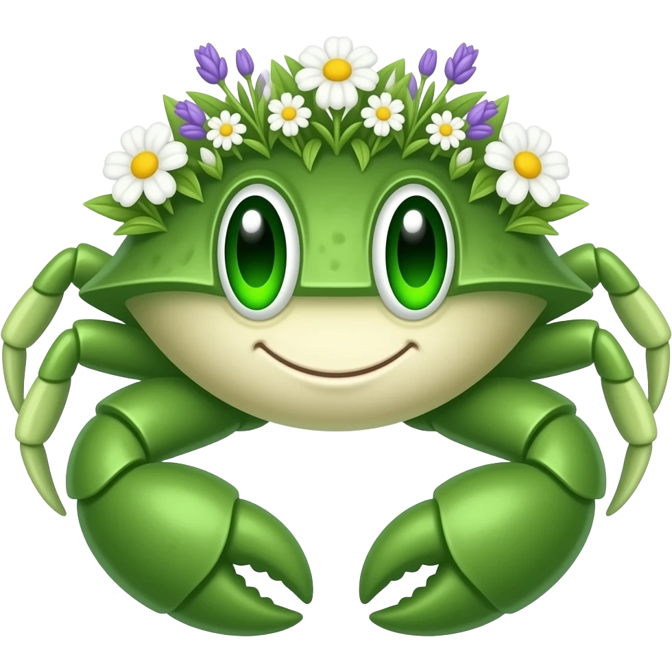 A green crab with flowers growing on its back facing forward with green growing eyes emoji