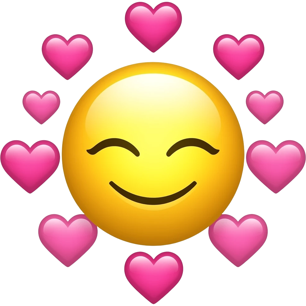 A yellow round emoji face that is smiling with closed eyes and feeling loved with hearts around it emoji