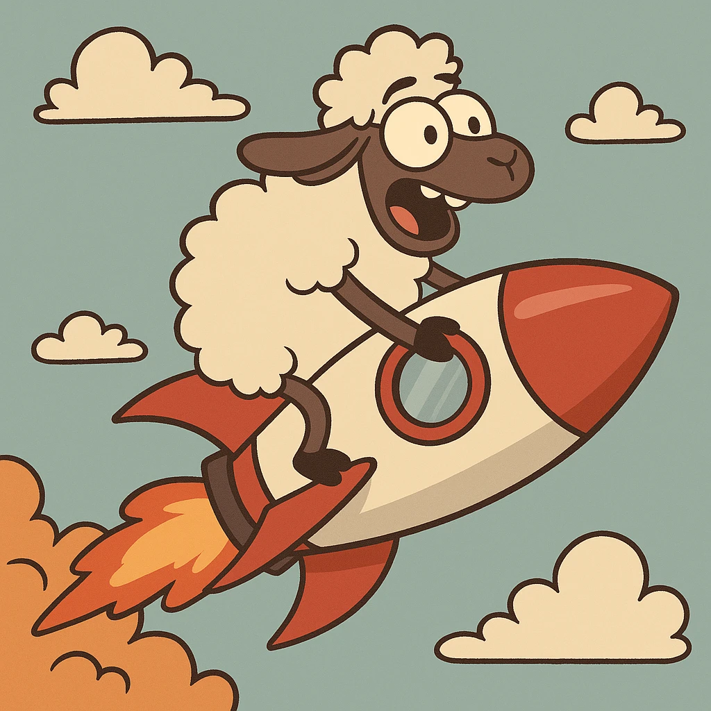 sheep flying on a rocket, flat toon cartoon style emoji