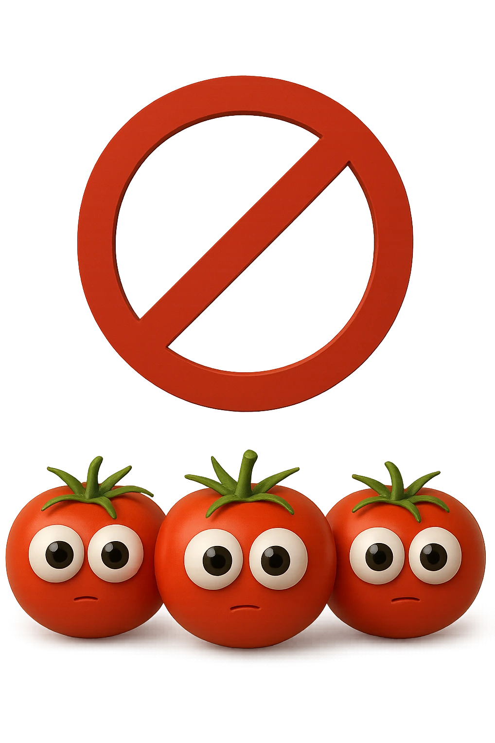 emoji con tre pomodori con occhi 3d e divieto sopra emoji