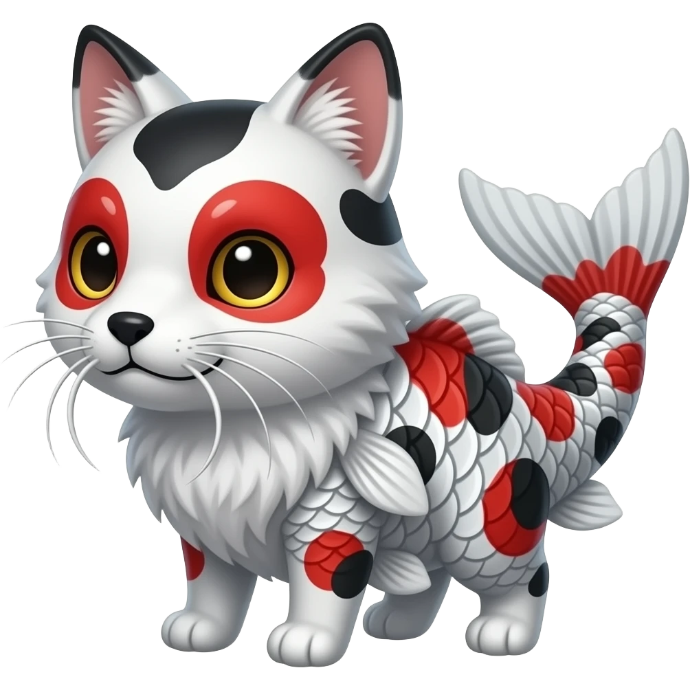 White, black, red, Koi-fish-silver-foxwith thick fleshy catfish-whiskers, furry, cute realistic oriental, Japanese painted marked patterned fish-tailed emoji