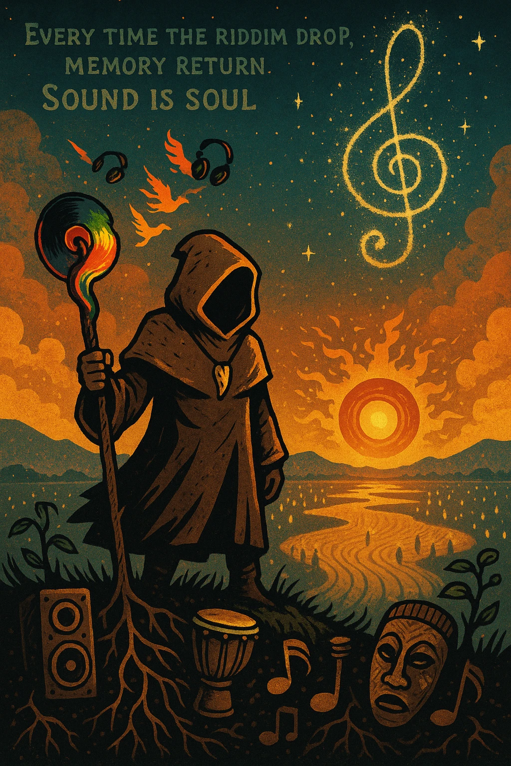 Create a mythical, animated-style poster set in a timeless world where sound is sacred. At the center, a hooded guardian of rhythm stands on a hill, overlooking a vast land shaped like a giant soundwave.

He holds a staff made of melted vinyl records, glowing with faint reggae colours — red, gold, and green. Around his neck is a lion’s fang pendant, and behind him, a swirling constellation shaped like a treble clef lights the sky.

From the earth, roots twist upward into musical notes, connecting instruments, speakers, and ancestral masks half-buried in the soil.

A flock of birds made from broken headphones and fire rises from the horizon — flying toward a glowing sun that pulses like a subwoofer.

Below, scattered across the valley, are tiny glowing embers — each one representing a soul still dancing, still alive.

In the sky, faint words form from the clouds:
“Every time the riddim drop, memory return. Sound is soul.”

The artwork should feel ancient, futuristic, and sacredly street — part graffiti, part prophecy, part roots revival. emoji