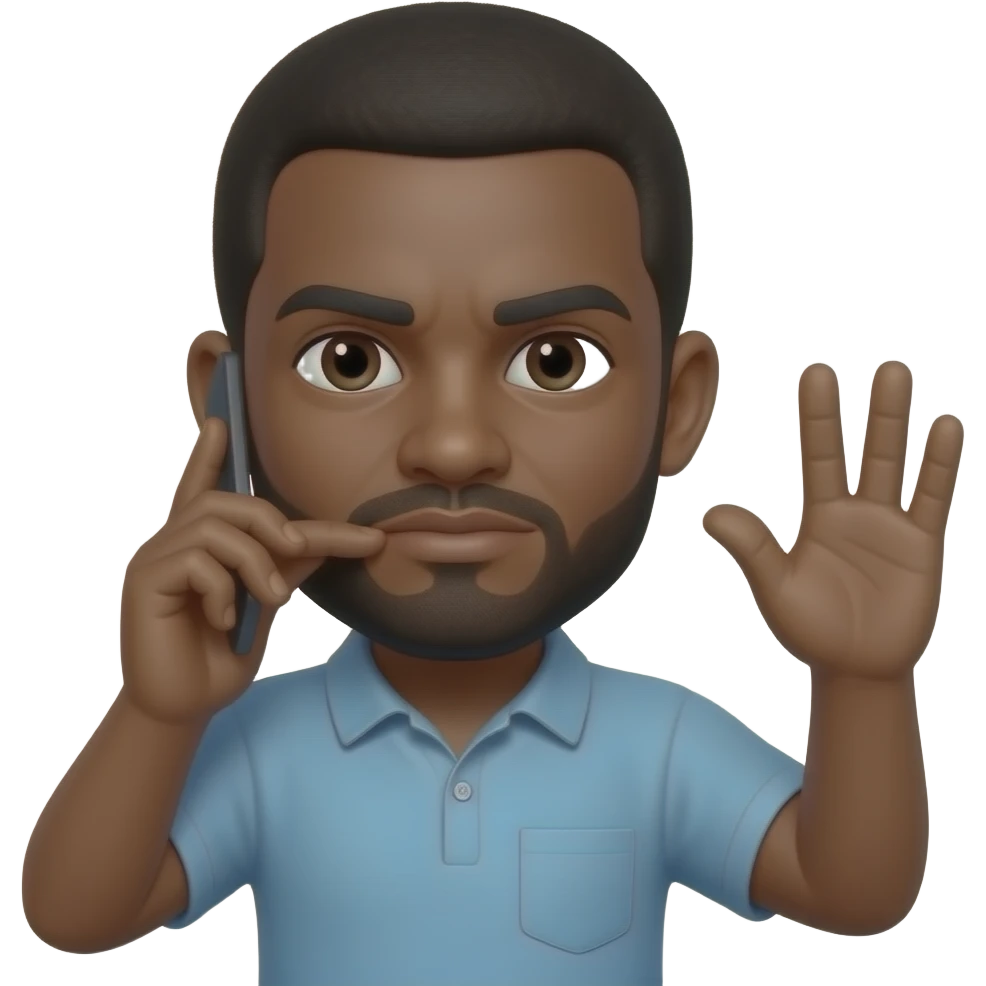 A black serious face with the first and second finger held up to the right esr and the tumb held on the lips like a phone emoji