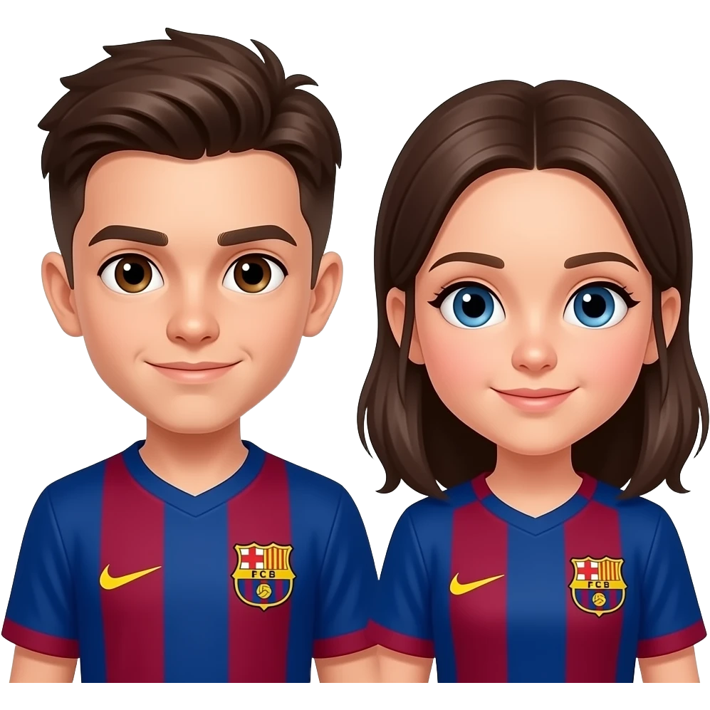 3 enfants, 1 garçon plus agé, 1 garçon moins agé que le premier et 1 fille la plus jeune, les garçons ont les yeux marrons, la fille les yeux bleus, les garçons uniquement ont un maillot du FC Barcelone emoji