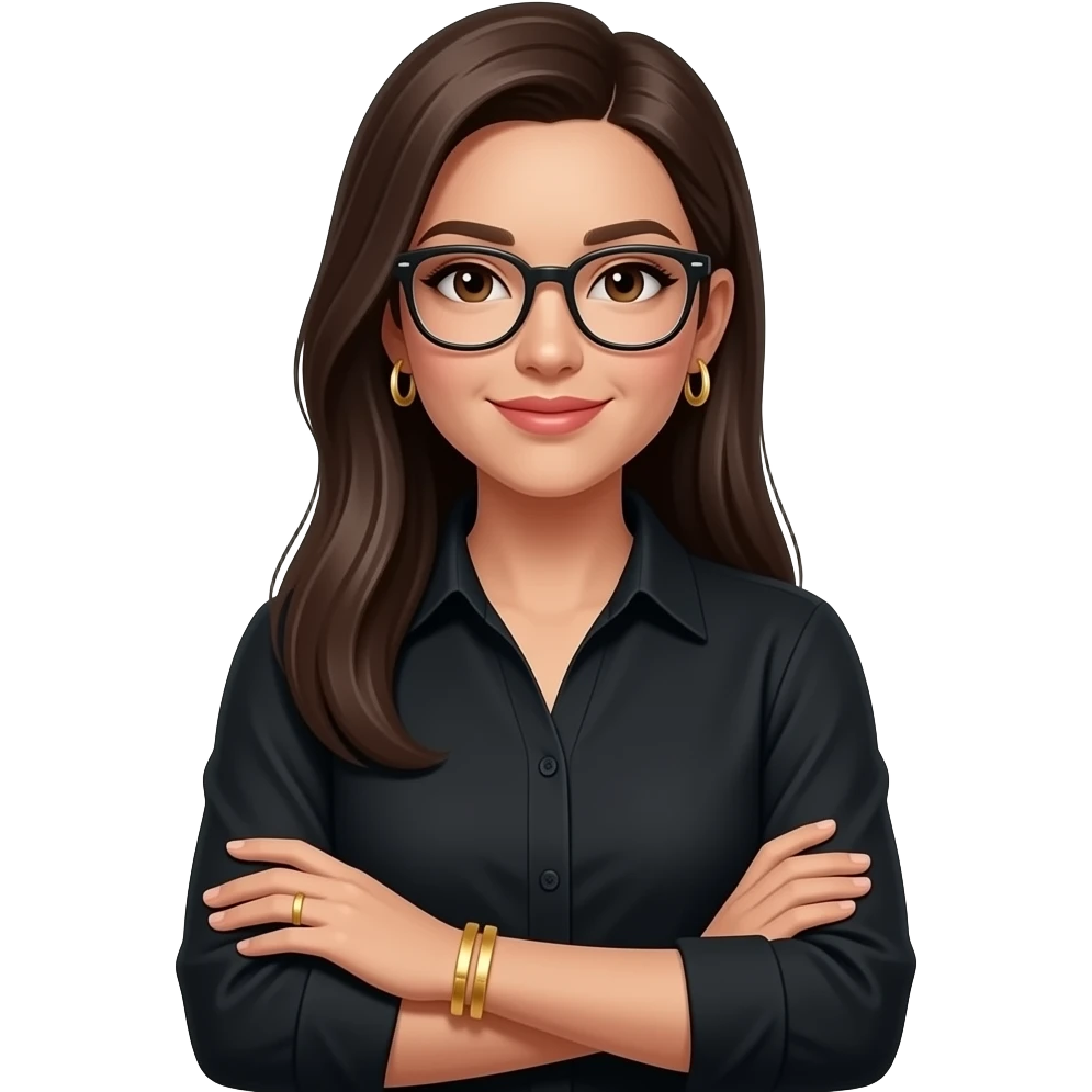 dark brown straight super long hair, glasses, marketing, recruiting, gold bracelets and gold earrings, in black long sleeve emoji