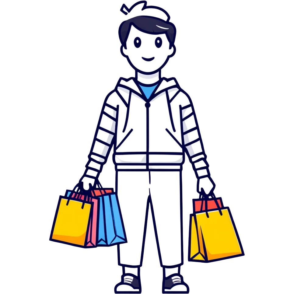 person surrounded by too many shopping bags, cartoon style emoji