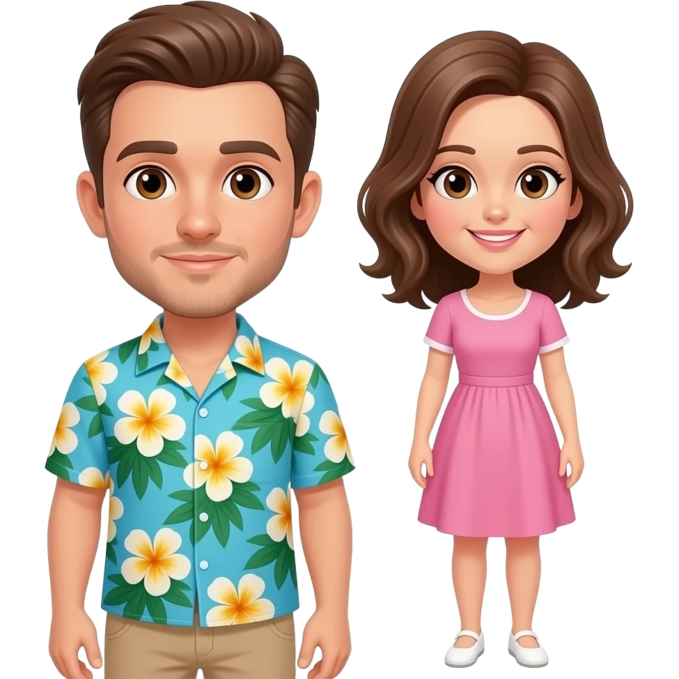 Cute pale skinned guy wearing Hawaiian shirt with brown hair and brown eyes and light facial hair with hair parted to the right side and cute light skinned woman with shoulder length wavy brown hair and brown eyes wearing pink dress and white shoes emoji