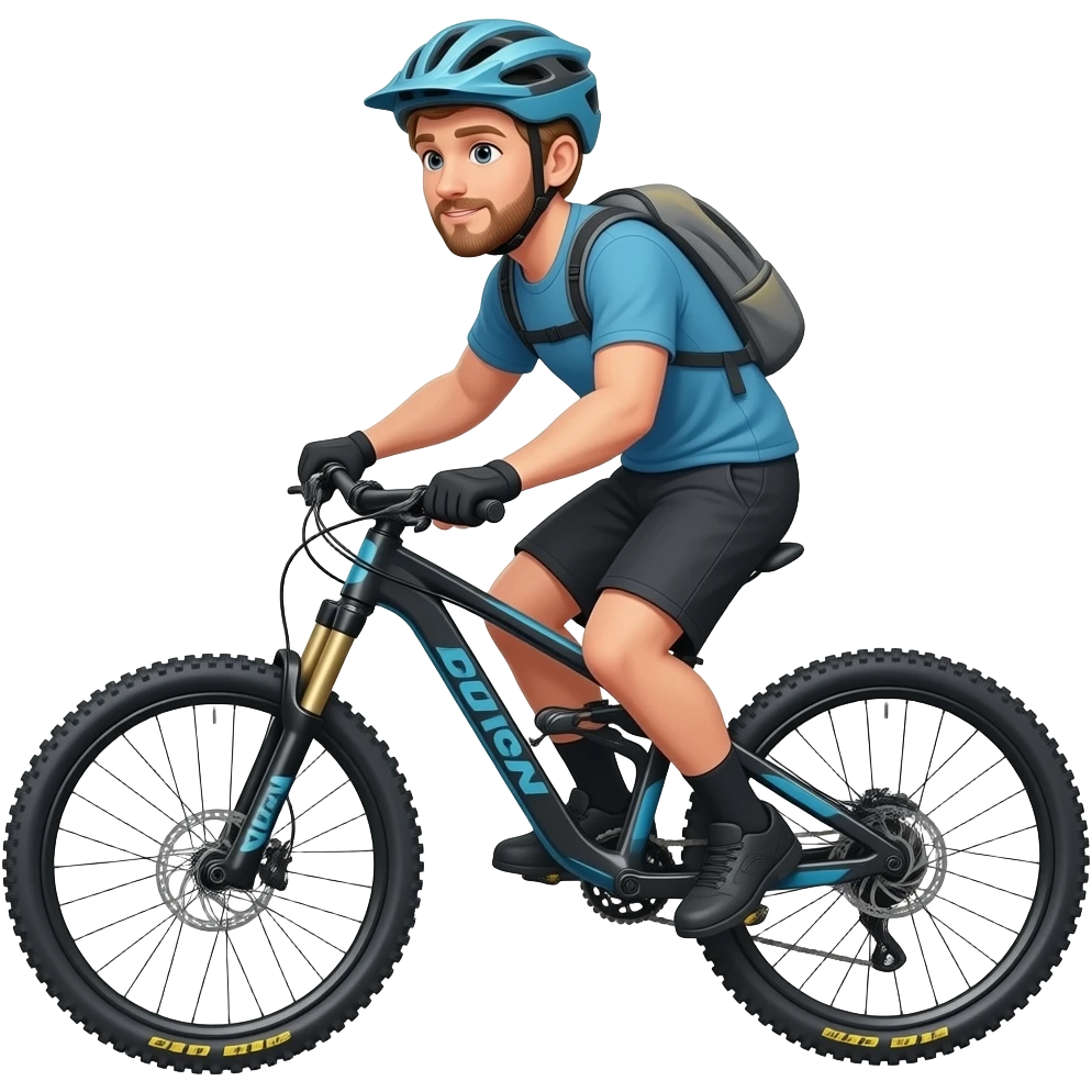 light brown hair guy with a helmet and a small beard doing mountain bike emoji