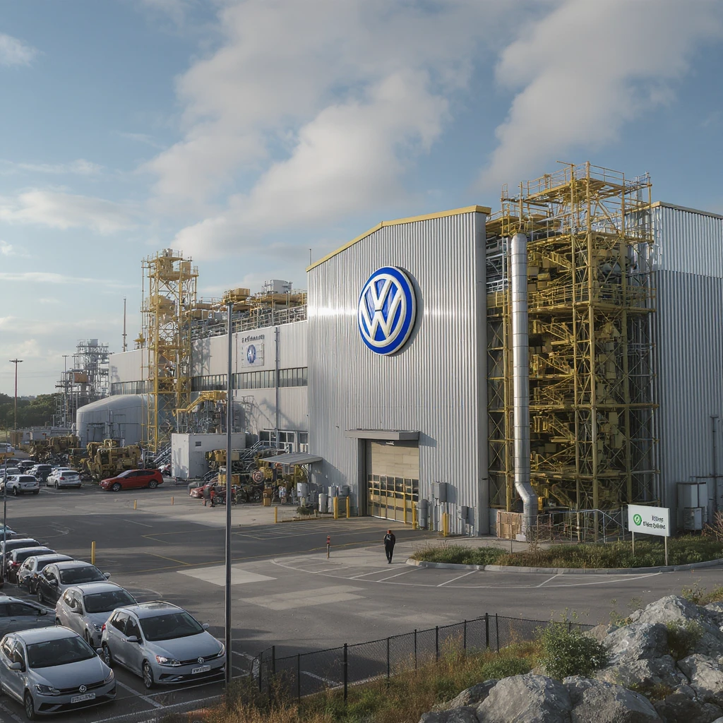 Realistic Volkswagen factory exterior, large industrial building with Volkswagen logo, parking lots filled with cars, factory grounds with machinery and equipment, realistic lighting and shadows, industrial atmosphere, workers in uniforms walking around, camouflage colors emoji