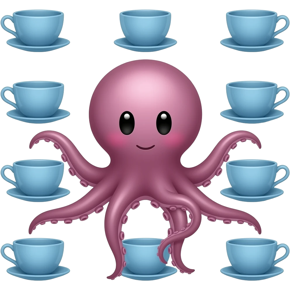 octopus with blue teacup set with identical arrangement, calm expression, rounded silhouette. emoji