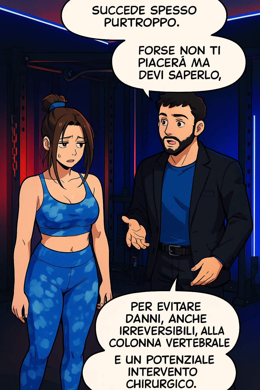 fai questa immagine in versione fumetto/manga/webtoon a colori, il manga mostra l'uomo che risponde alla donne:
Succede spesso purtroppo. 
Forse non ti piacerà ma devi saperlo, per evitare danni, anche irreversibili, alla colonna vertebrale e un potenziale intervento chirurgico. emoji