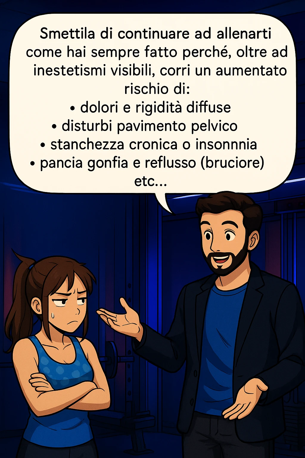 TRASFORMA QUESTO CAROSELLO IN UN FUMETTO STILE MANGA A COLORI CON QUESTE DUE PERSONE IDENTICHE CHE INTERLOQUISCONO TRA LORO, LA DONNA HA UN ESPRESSIONE PENSIEROSA MENTRE LO ASCOLTA:

LUI (UOMO): Smettila di continuare ad allenarti come hai sempre fatto perché, oltre ad inestetismi visibili, corri un aumentato rischio di:
    • dolori e rigidità diffuse
    • disturbi pavimento pelvico
    • stanchezza cronica o insonnia
    • pancia gonfia e reflusso (bruciore)
    • etc…

 emoji