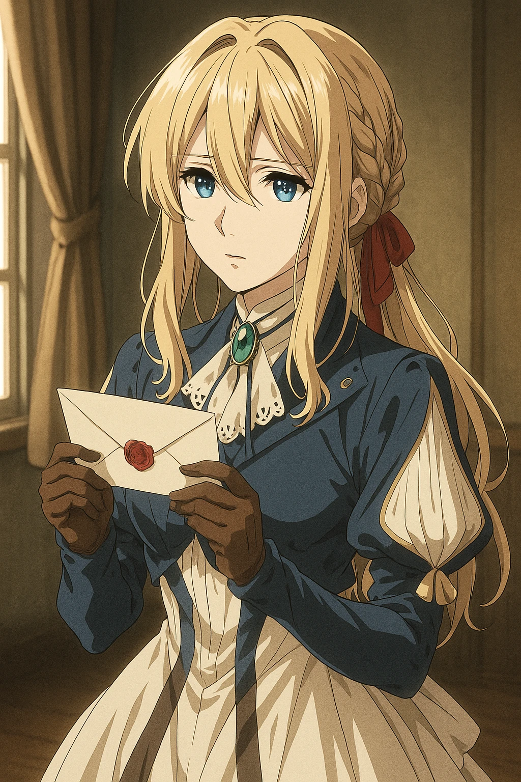 Violet Evergarden in her original anime art style, elegant girl with long blonde hair, blue eyes, blue and white dress with brooch, holding a letter, highly detailed and faithful to the anime emoji