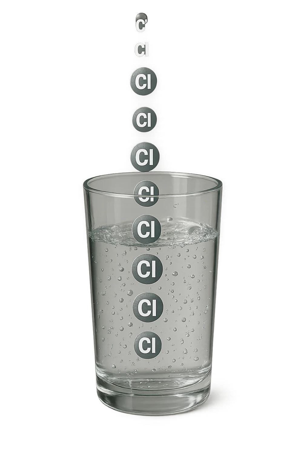 un bicchiere di acqua cade verticalmente dall'alto realistico e dettagliato, dentro l'acqua del bicchiere ci sono particelle di cloro ben visibili con la scritta "Cl" sopra, ci sono particelle anche che escono dal bicchiere e fluttuano in aria verticalmente, mentre alcune sono all'interno dell'acqua nel bicchiere, iperrealistico 4k emoji