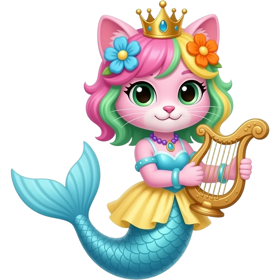 pink anthro cat  with pink and green and yellow hair blue flower orange flower golden crown with light purple necklace light cyan braclets cyan and pink and yellow dress with  attached to cyan  and light blue mermaid tail with dark blue fins holding a golden harp emoji