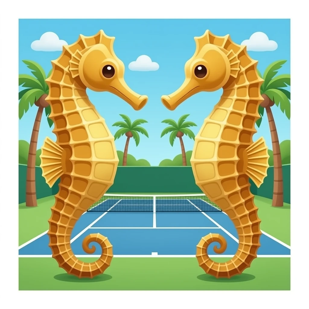 Two Seahorses on tennis court with palm trees emoji