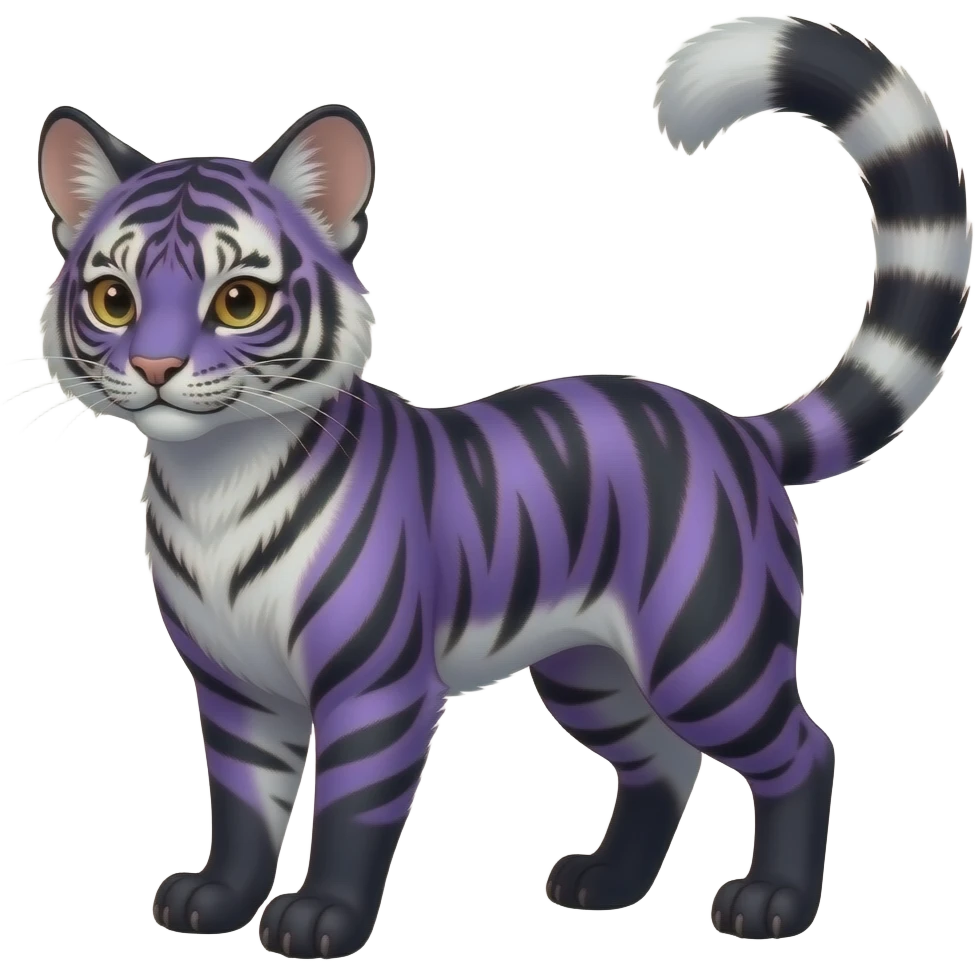 Cool colorful tiger-stripe-marked smooth silky furry beautiful realistic wild indigo and violet-purple and black and white Civet-Mankeulv-Genet-cacomistle-tanuki-lemur-Vernid-Fakémon-hybrid emoji