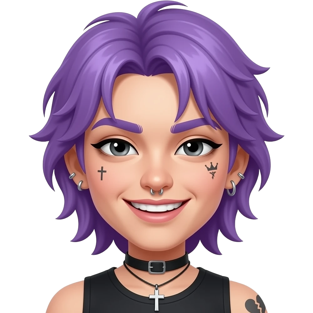 Pelo corto, morado con, estilo despeinado con corto sueltos.
piercings en la nariz el labio, aretes brillantes las orejas, uno colgante en forma de cruz. ojos negros entrecerrados, cejas gruesas, sonrisa ladeada mostrando dientes, y pequeños tatuajes en la cara (como cruz, corona y corazón roto). emoji