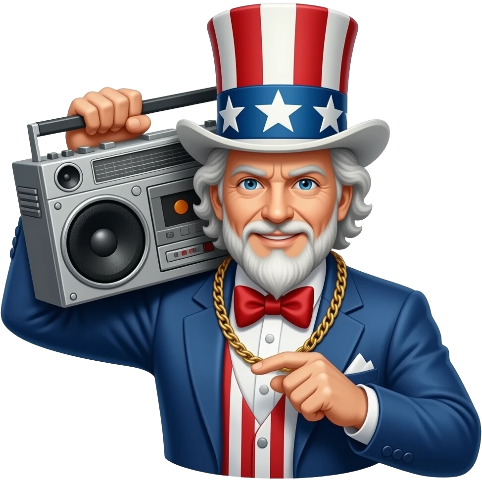 Uncle Sam with a boombox on his shoulders jamming to rap emoji