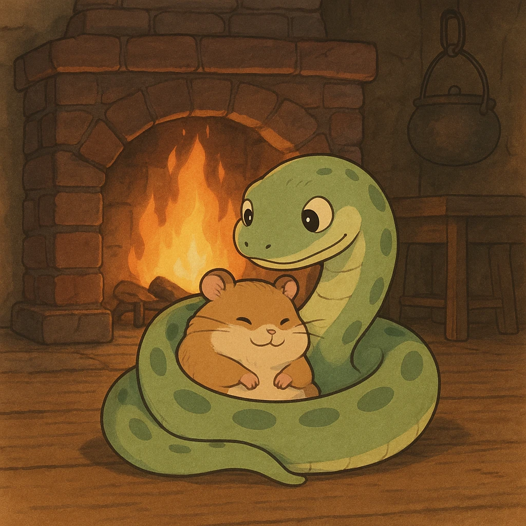 ghibli style snake hugging a hamster by a fireplace, cozy and warm atmosphere emoji