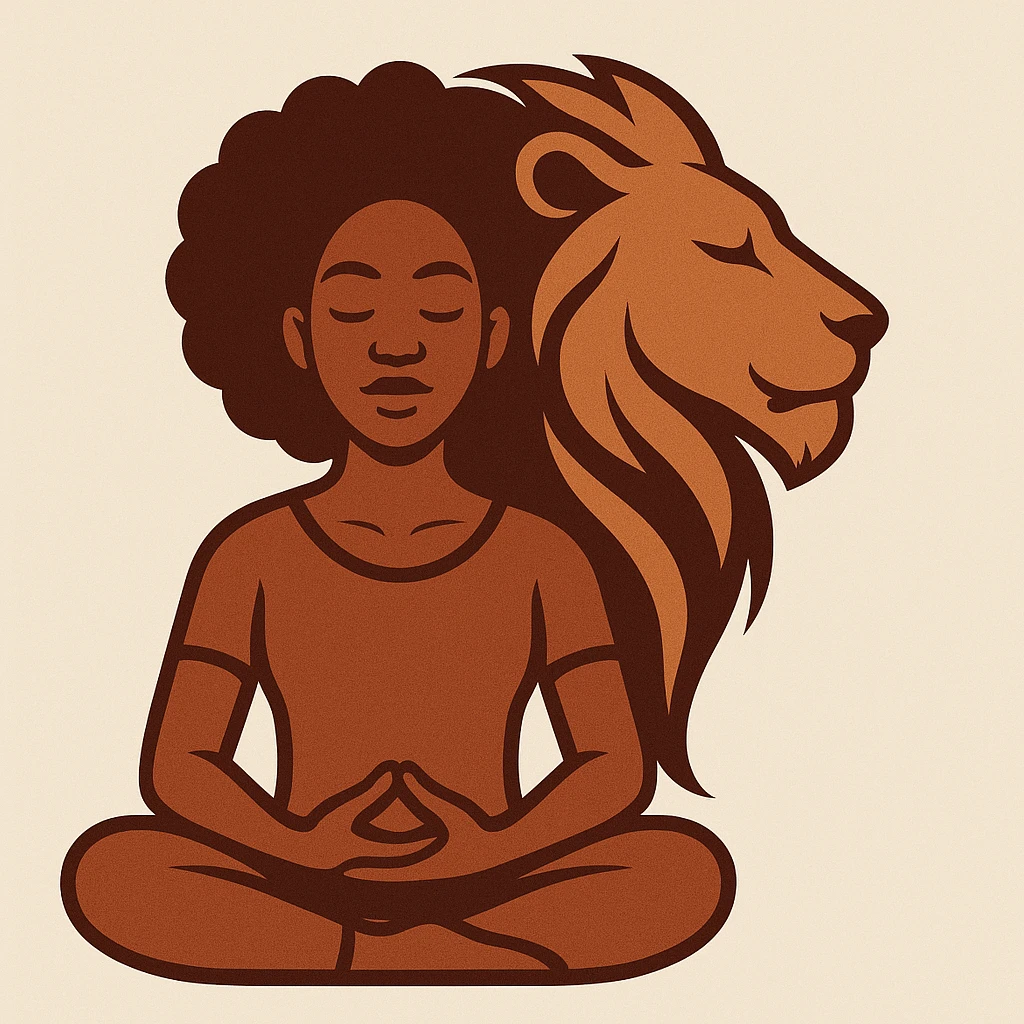 A stylized icon of a Black woman meditating, her head morphing into a lion's head, symbolizing strength and serenity. emoji