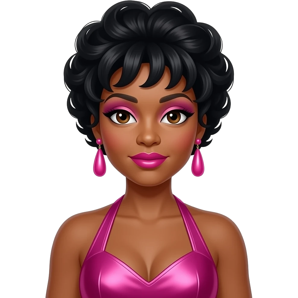 Diana Ross from The Supremes with dark brown eyes, black beehive hair, pink eyeshadow, hot pink lipstick, hot pink metallic halter dress, pink earrings emoji