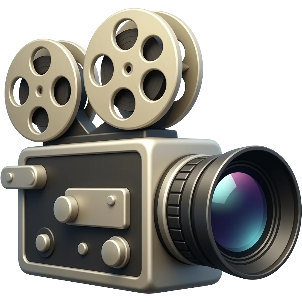 Glossy 3D rendered vintage movie film camera emoji, side-facing profile view, large cinematic lens, detailed with film reels, warm friendly aesthetic, slightly rounded edges, soft shading, white background emoji