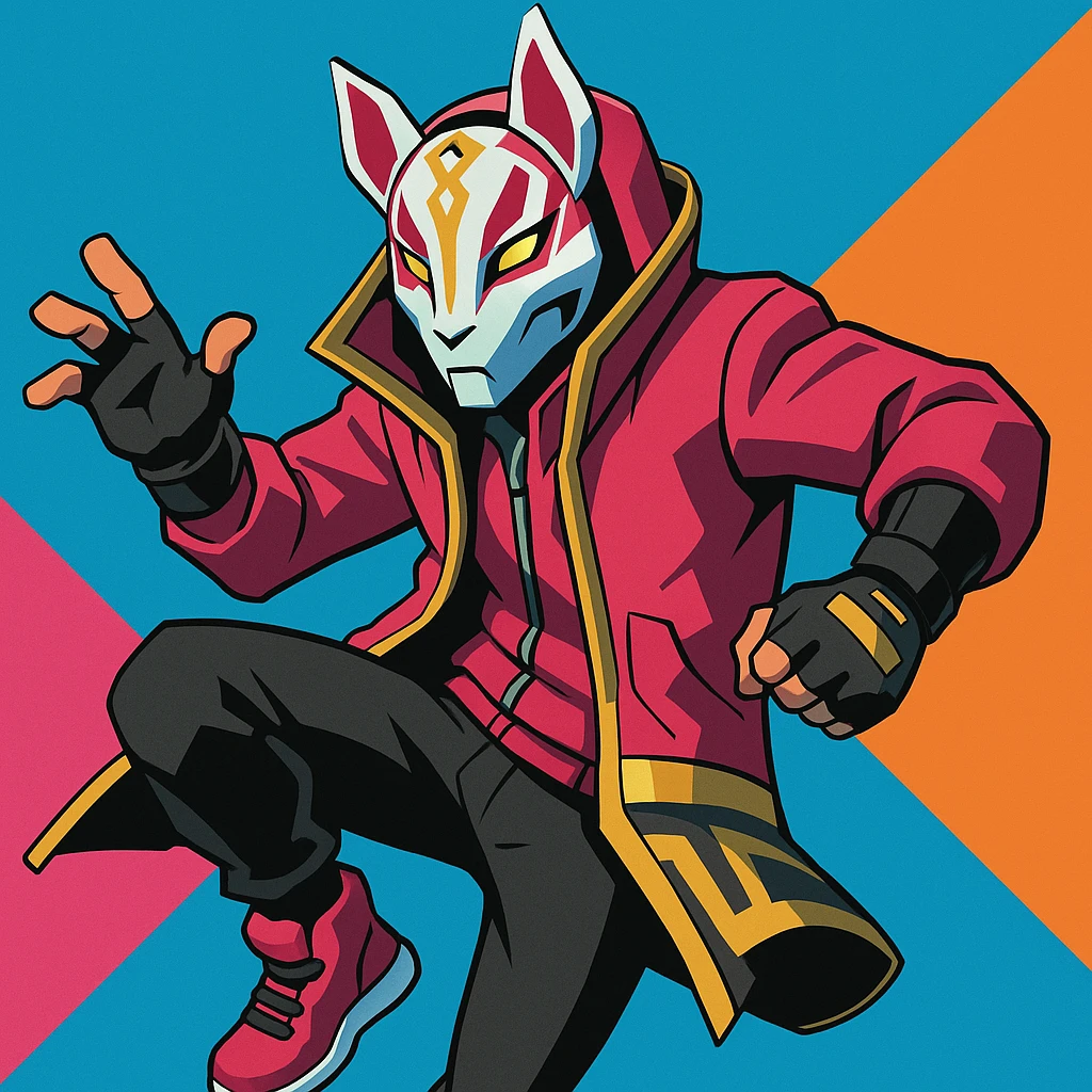 Fortnite skin Drift with fox mask, pink and gold jacket, dynamic pose, vibrant toon style emoji