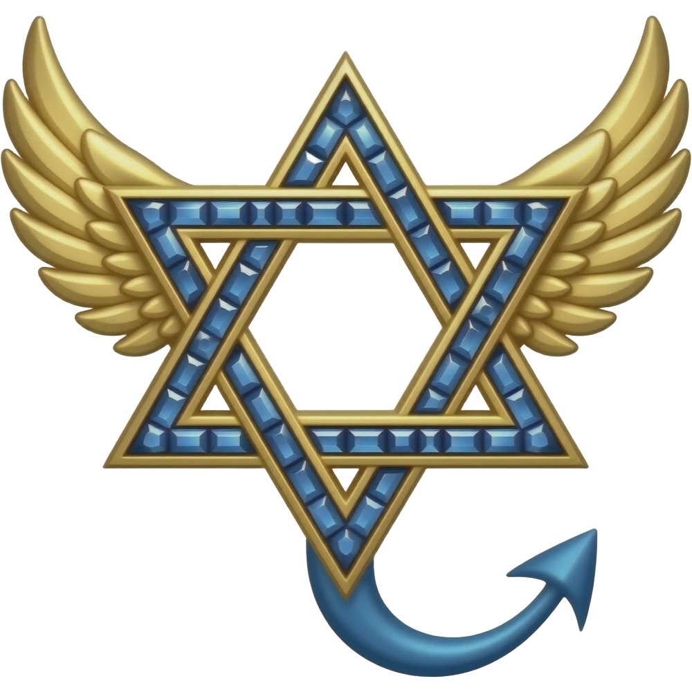 A gold six-pointed Star of David encrusted with royal blue stones with wings coming out of both sides and a blue devil tail coming out the side of the bottom emoji