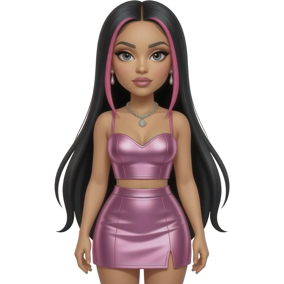 Nicki Minaj with dark grey eyes, long black straight hair with pink highlights, pink metallic sleeveless sweetheart crop top, pink metallic mini skirt, necklace and earrings emoji