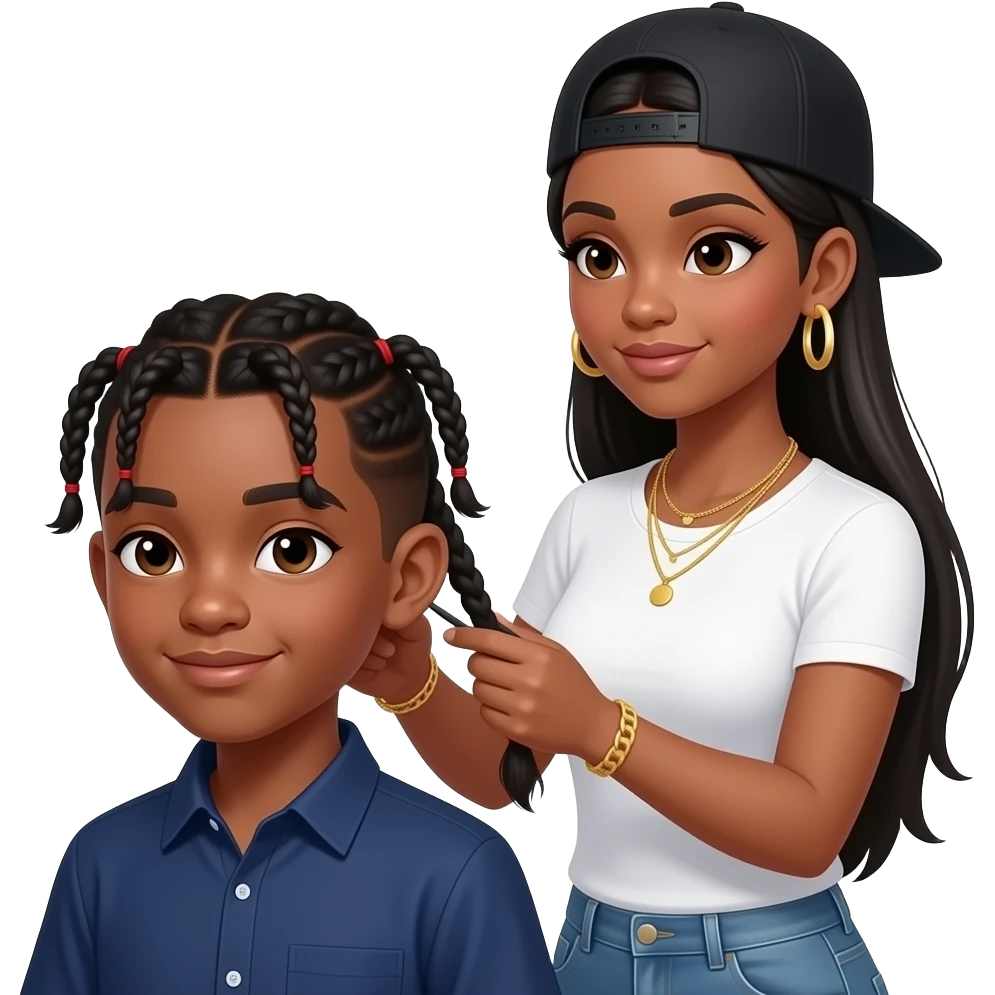 African American boy with two cornrow style braids wearing a navy blue button up shirt getting hair braided by African American woman with long straight black hair wearing a fitted white t shirt wearing a black adjustable cap backwards on head wearing hoop earrings wearing gold tennis necklaces emoji